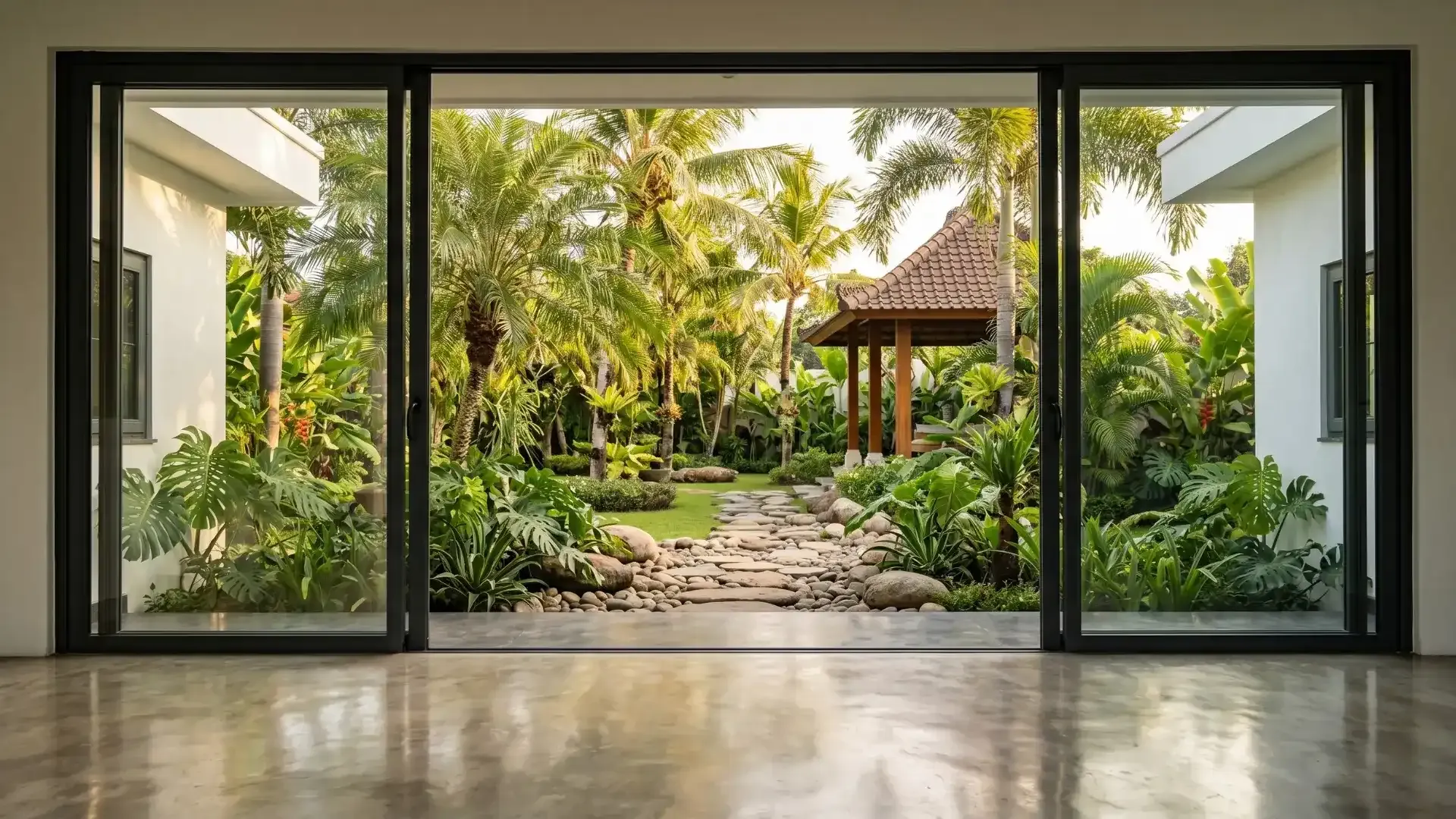 Kombinasi kusen aluminium dan uPVC pada vila tropis modern