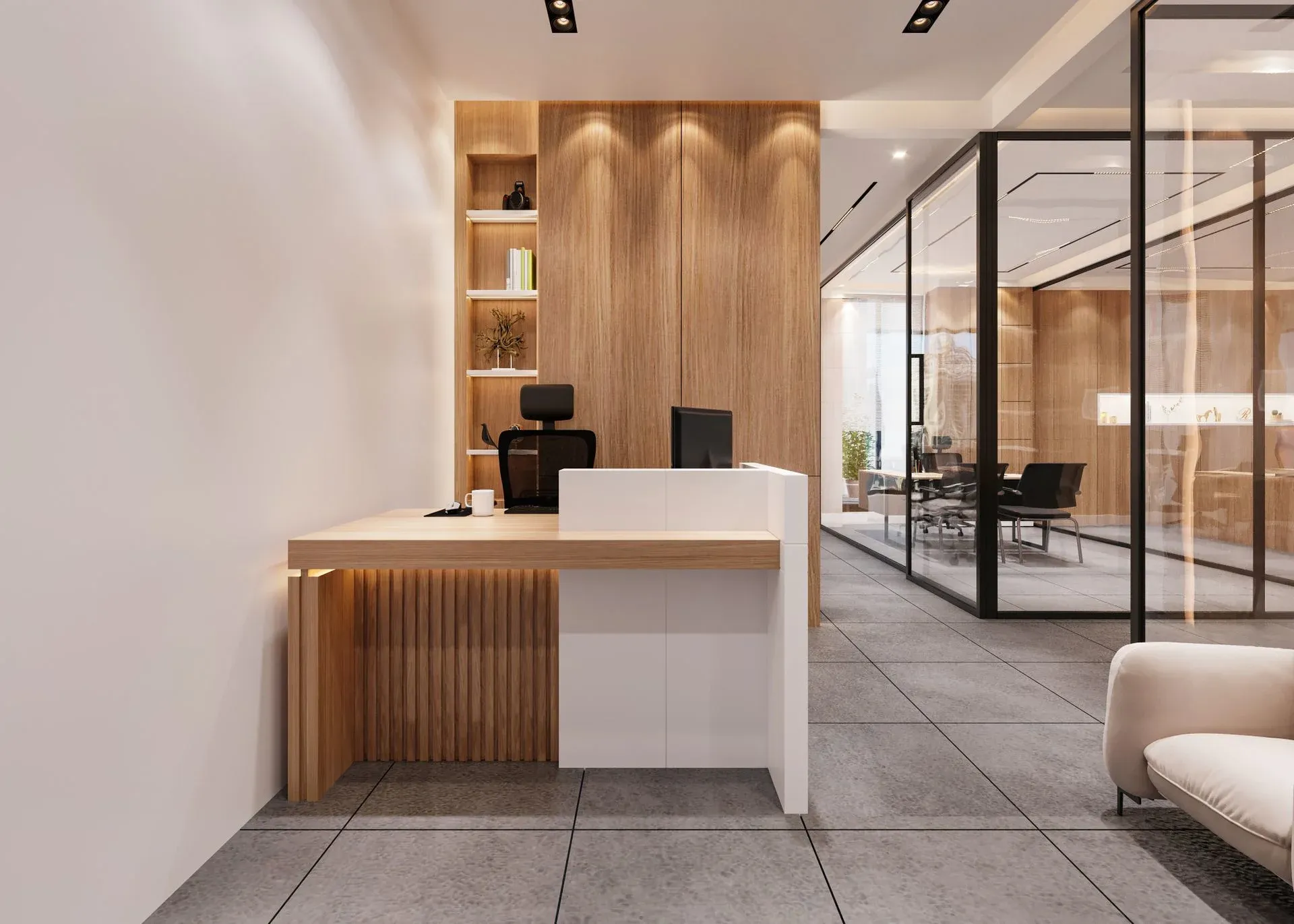 Area hospitality dan hotel premium dengan desain hangat untuk pengalaman tamu yang mewah