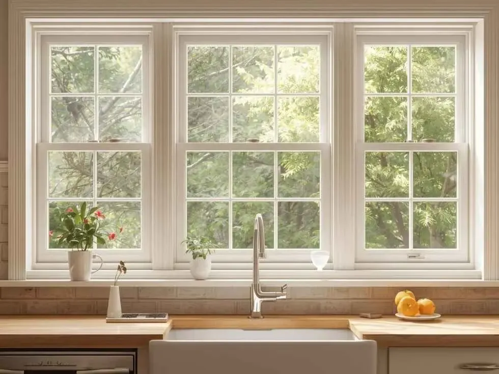 Sistem jendela uPVC warna gelap untuk halaman produk Casement Windows